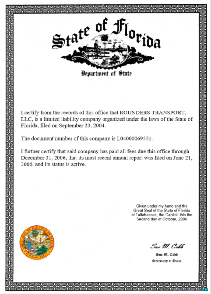 USA State of Florida certificate of business license Word and PDF template